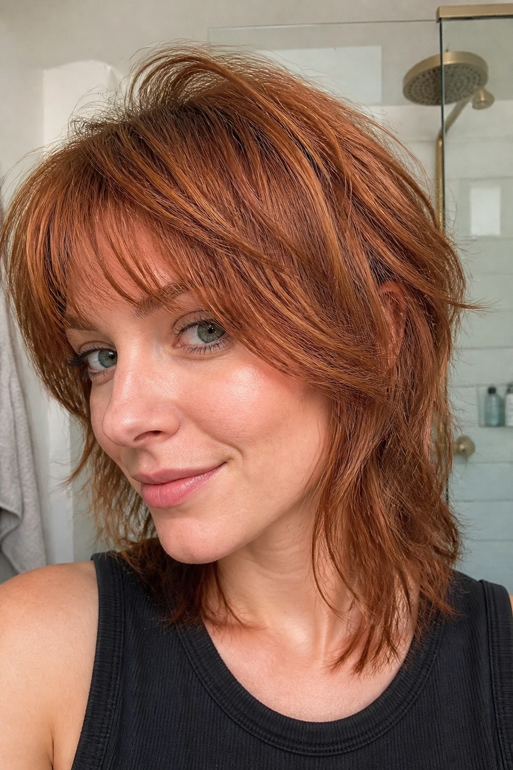 Real person with copper shag and micro-lowlights in bright bathroom lighting.