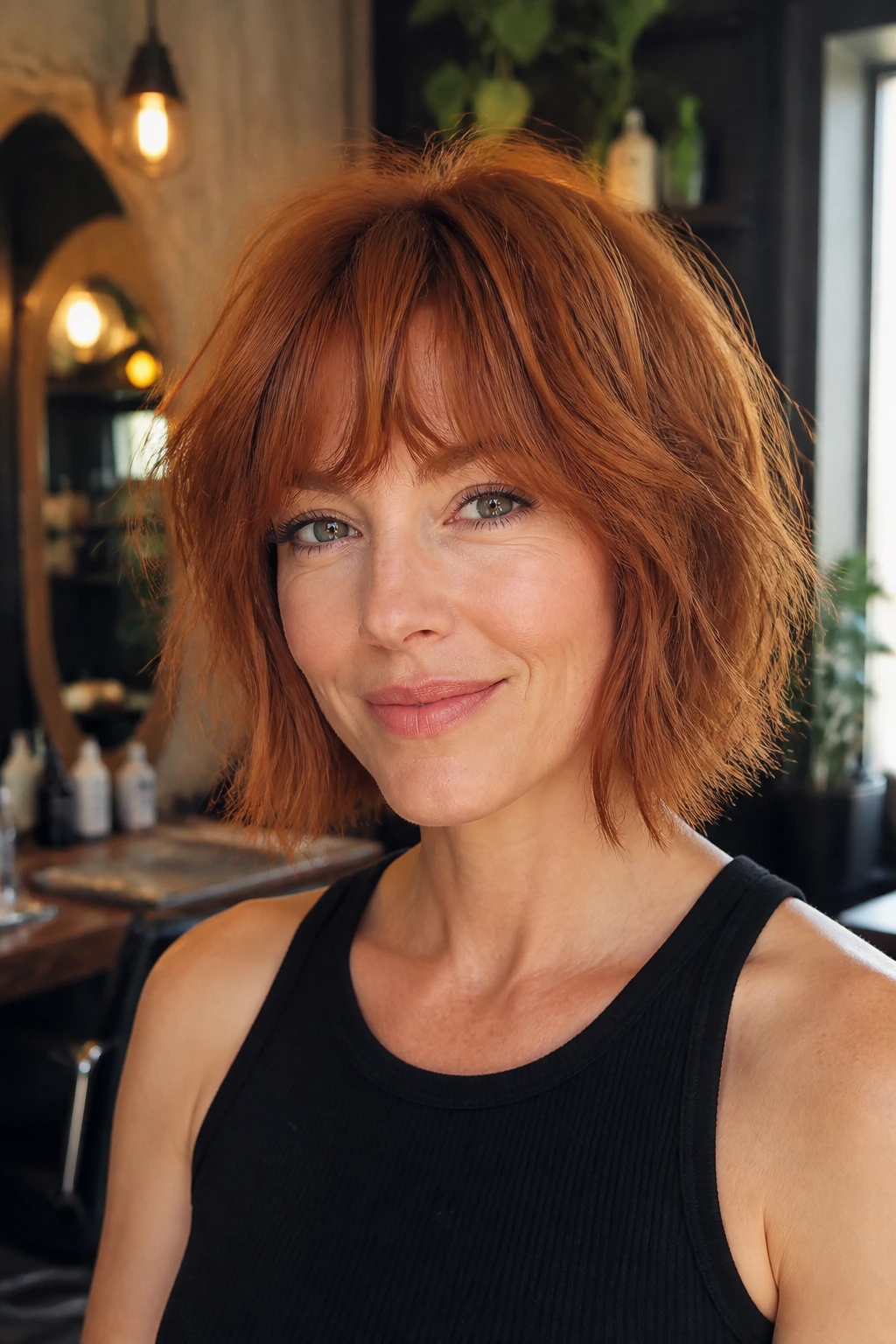 Close-up portrait of a real woman with copper chin-length shag and wispy bangs in warm window light