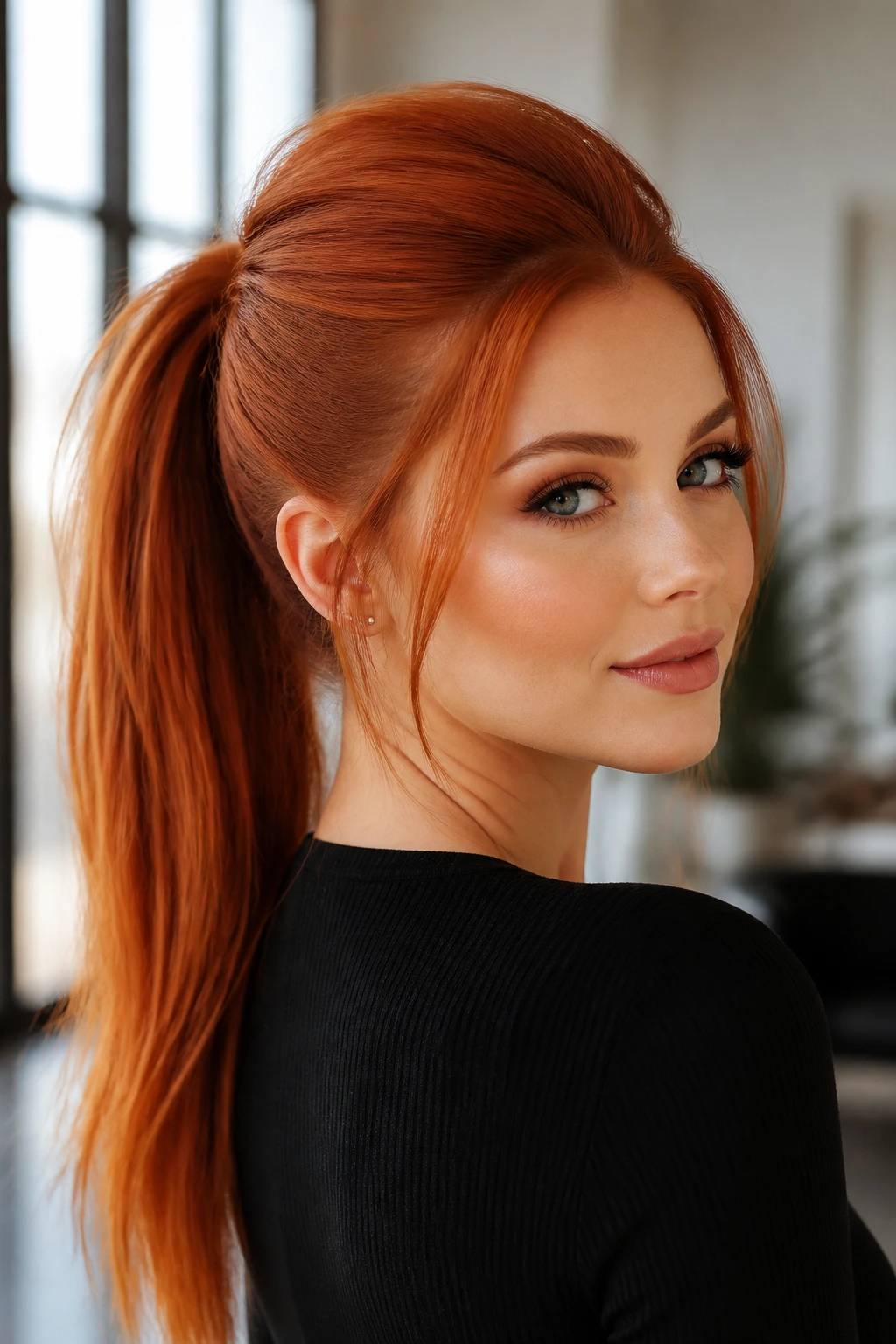 Portrait of a woman with copper sleek ponytail and crown volume.