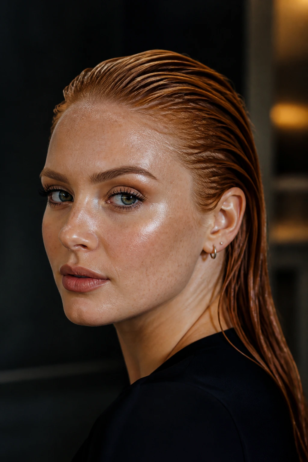 Close-up of copper slicked-back wet look hairstyle on real person