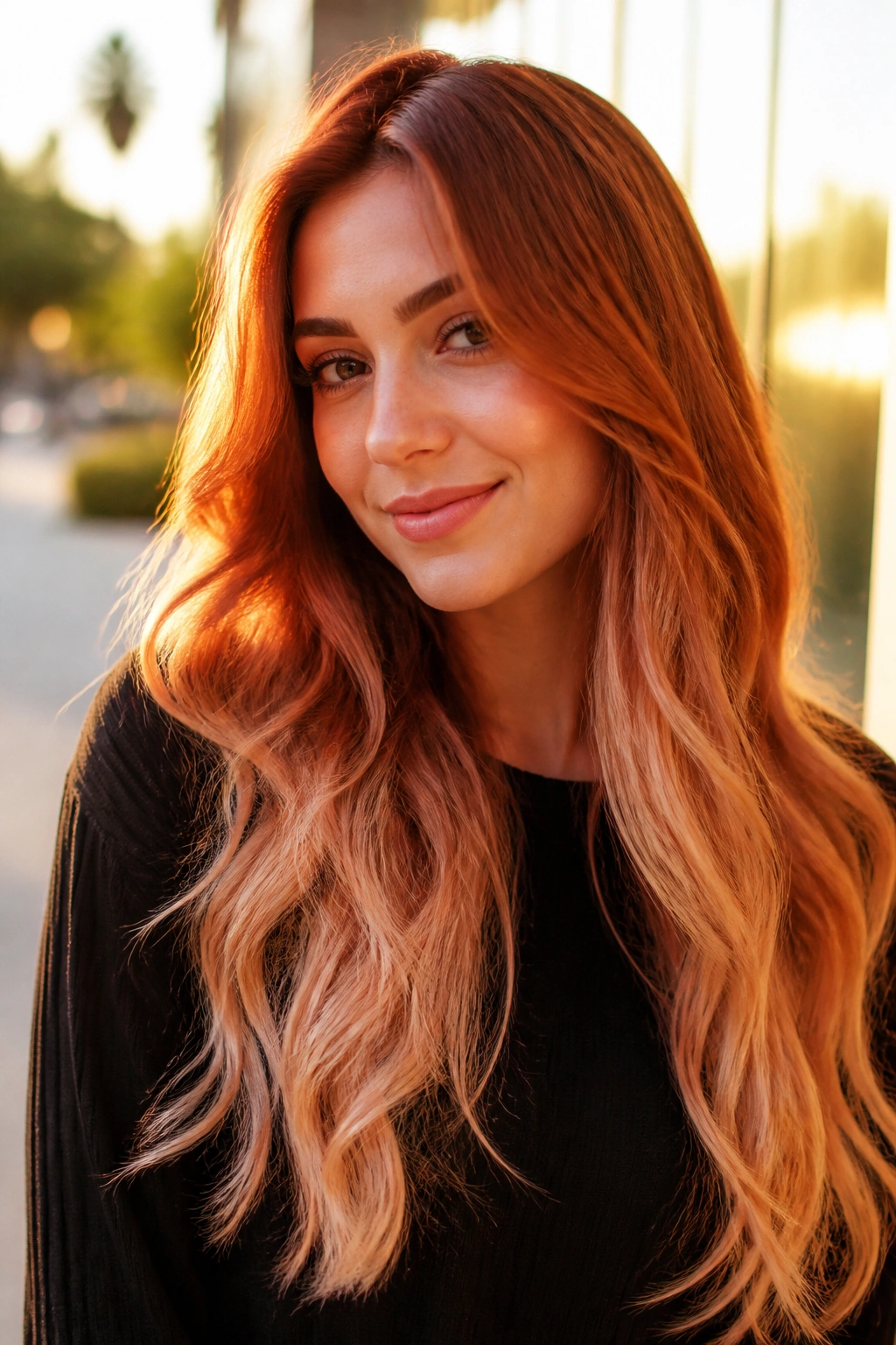 Close-up of long hair copper to strawberry blonde in sunlight