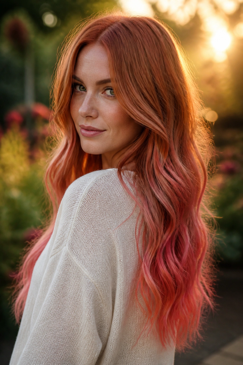 Close-up of a real woman with copper-to-strawberry ombre hair