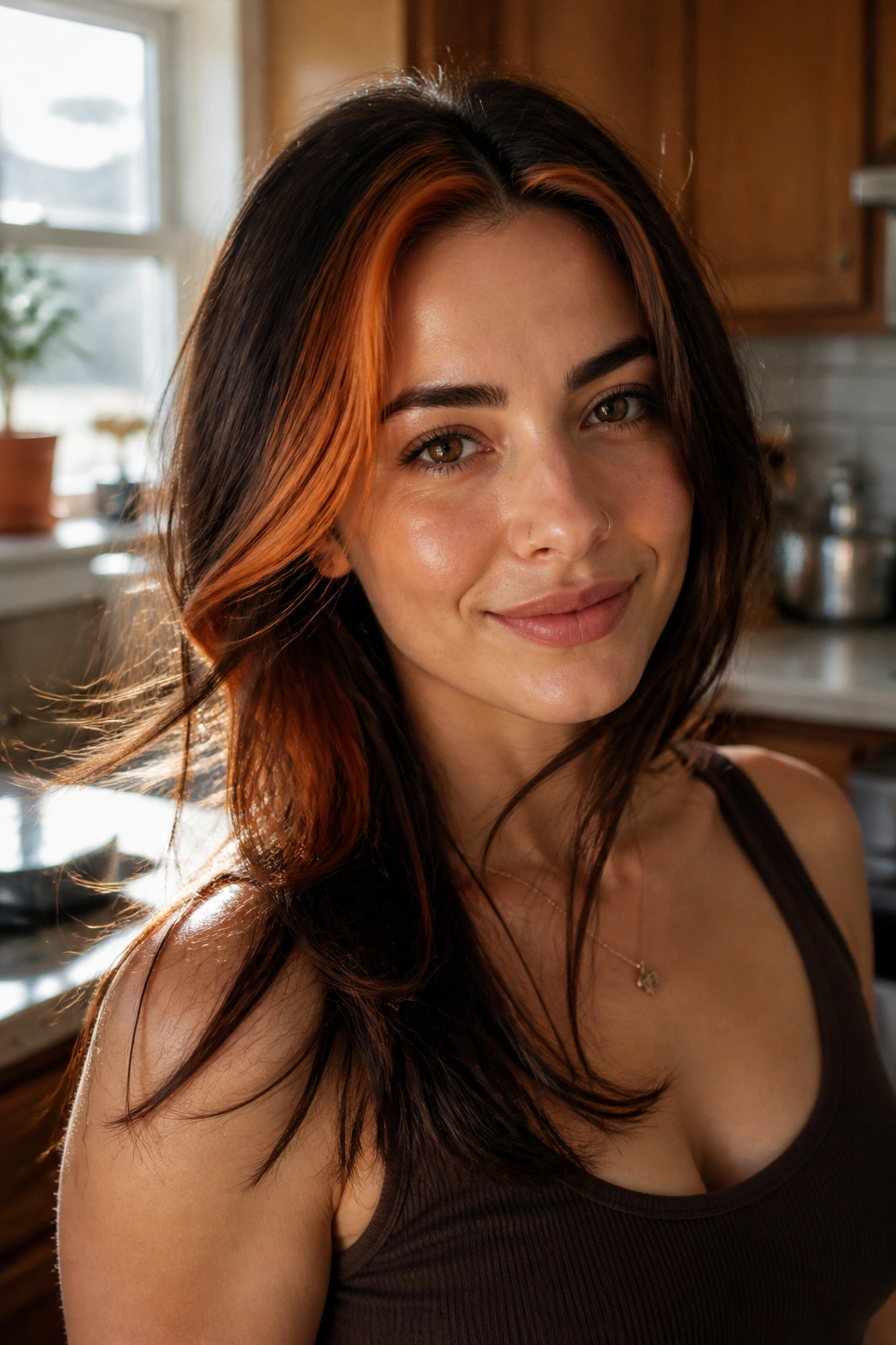 Close-up of a real woman with a copper stripe on brown hair