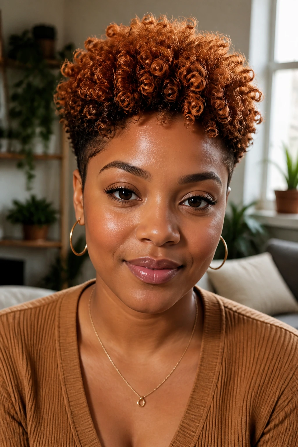 Close-up of a real person with a copper tapered Afro and defined curls in warm indoor light