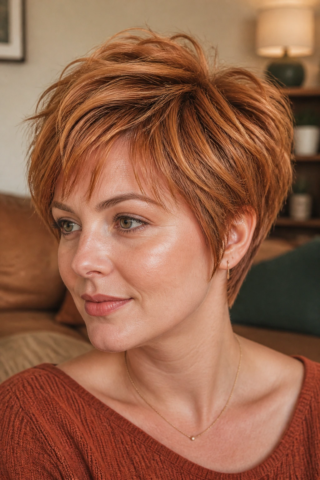 Close-up of a real woman's copper textured pixie bob