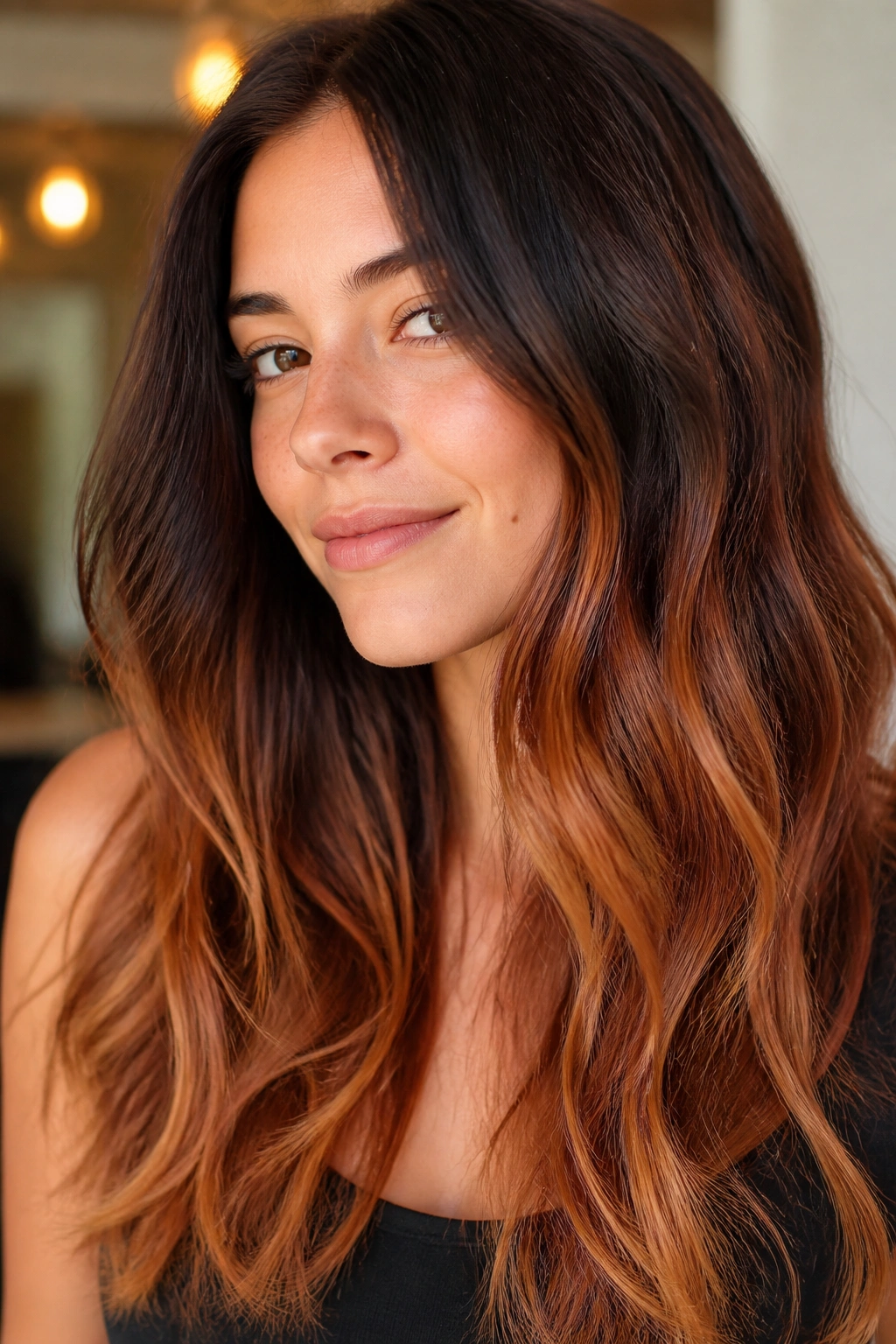 Close-up of long hair with copper-tipped ends on a real person