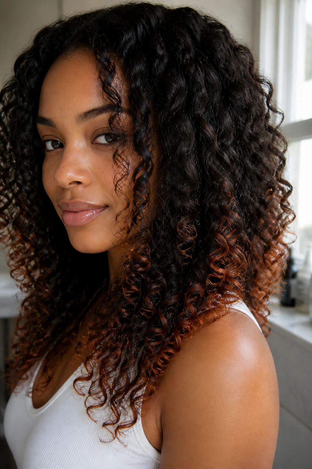 Close-up of a real person showing copper-tipped black ringlet curls