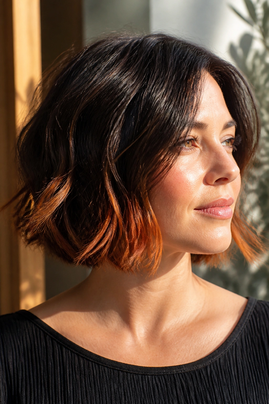 Close-up of a woman with sunlit copper tips on a textured bob