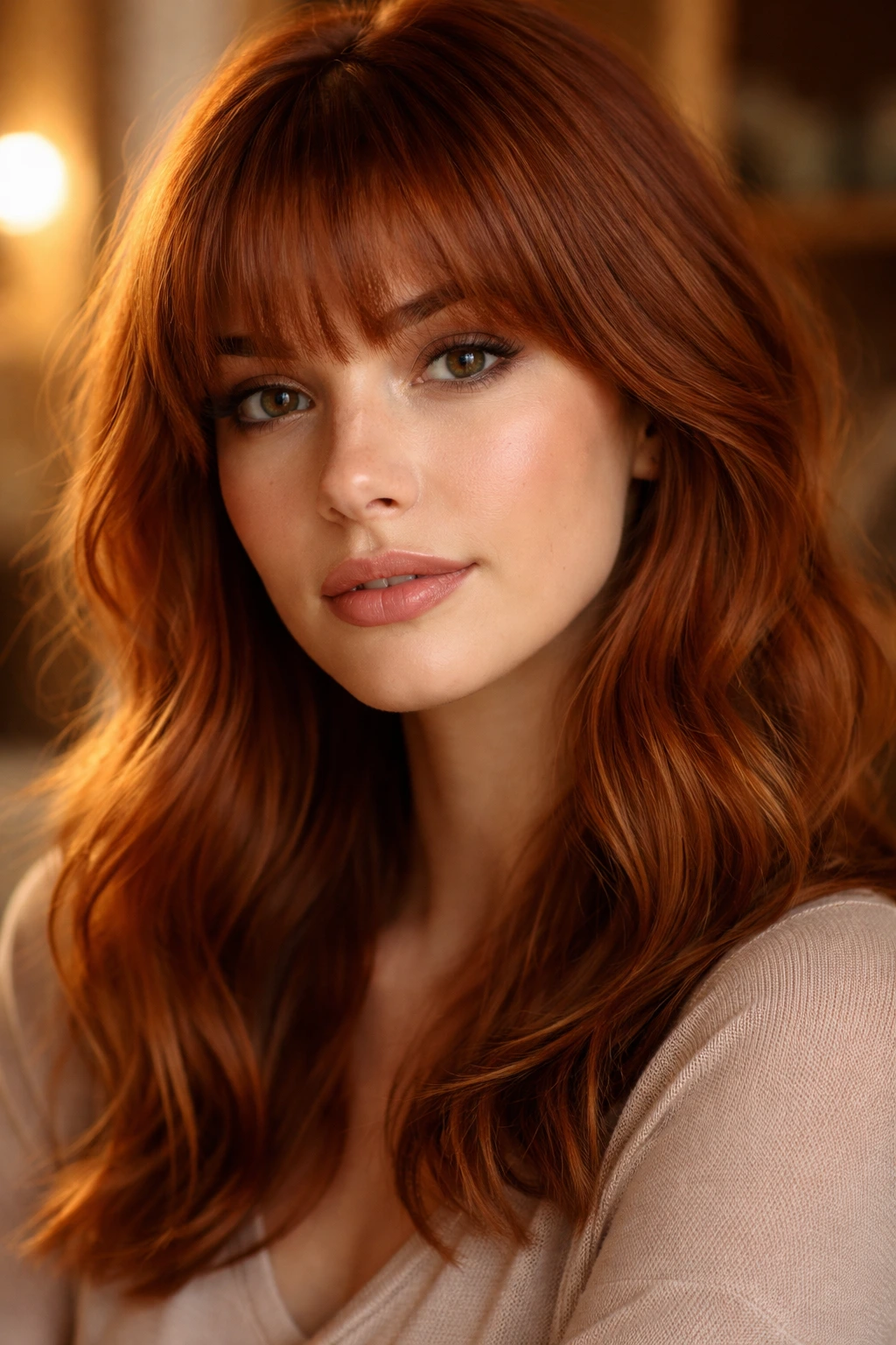 Close-up of a real woman with copper-toned French fringe