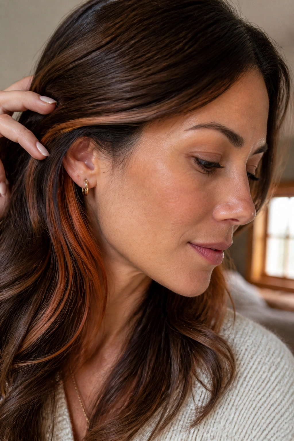 Close-up of walnut brown hair with copper underlights peeking from beneath