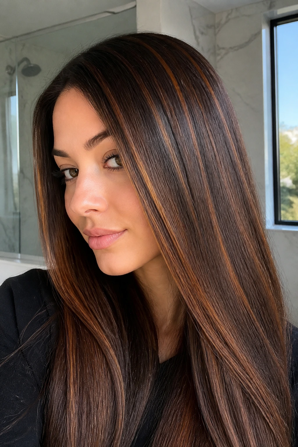 Close-up of straight brunette hair with copper veil ribbons