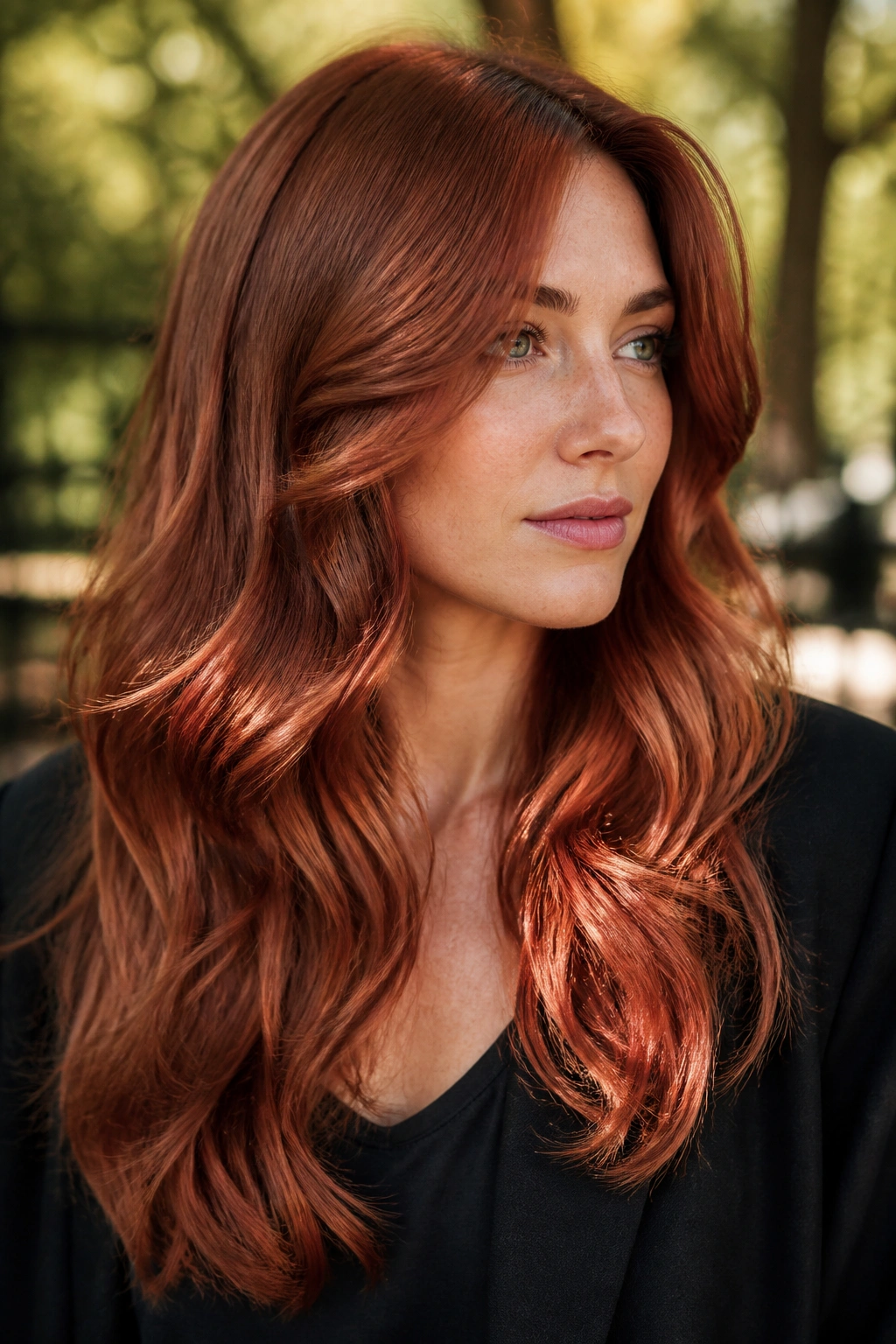 Close-up of Copper Velvet Layers on a real woman with deep copper tones and glossy waves.