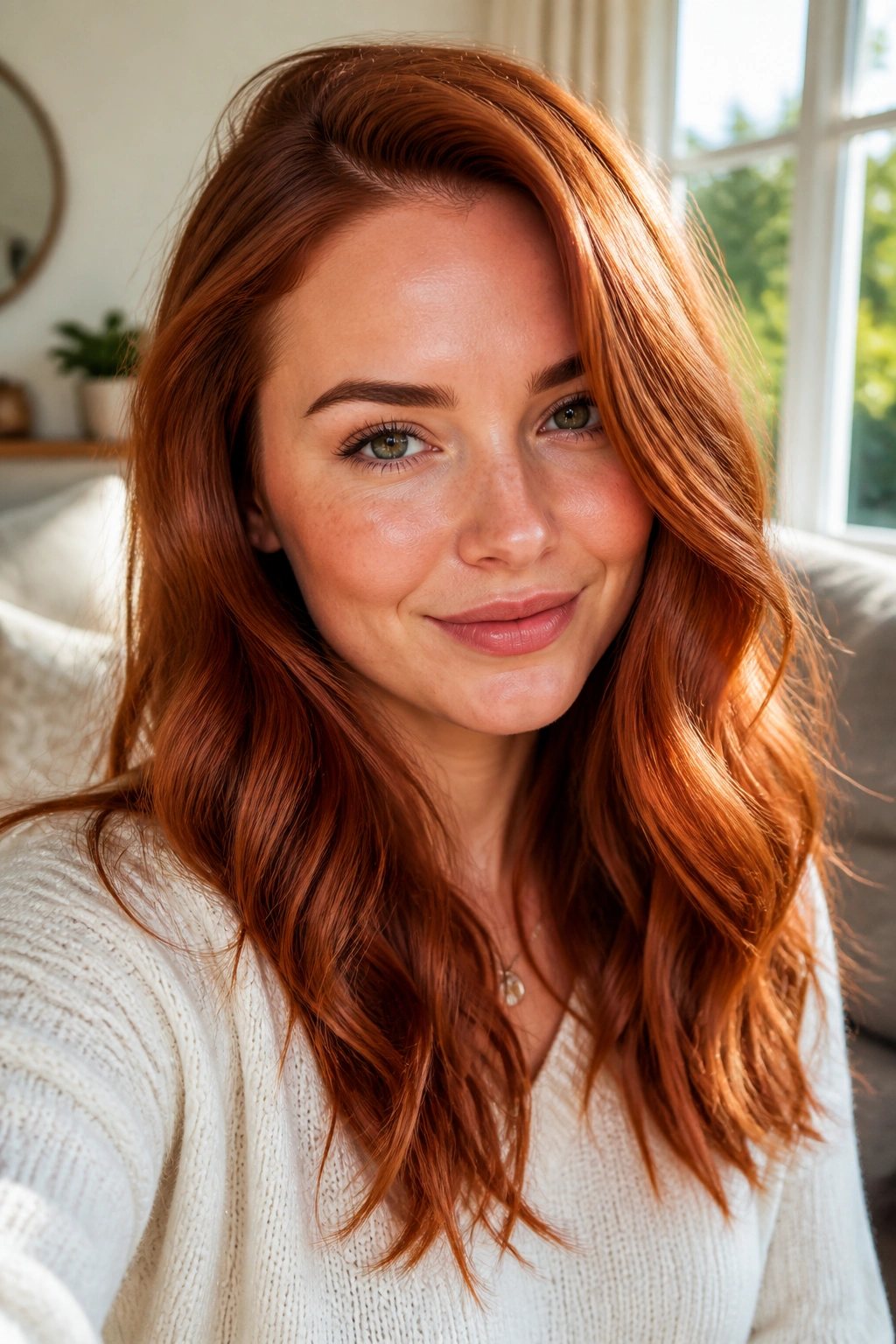 Close-up of a real woman with side-parted copper waves.