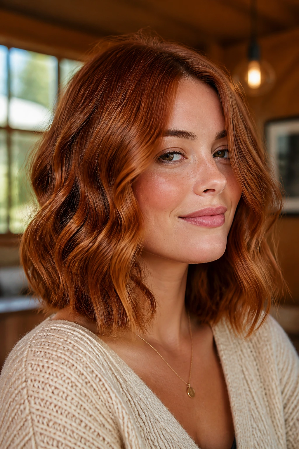 Real person with copper wavy lob and rich shine