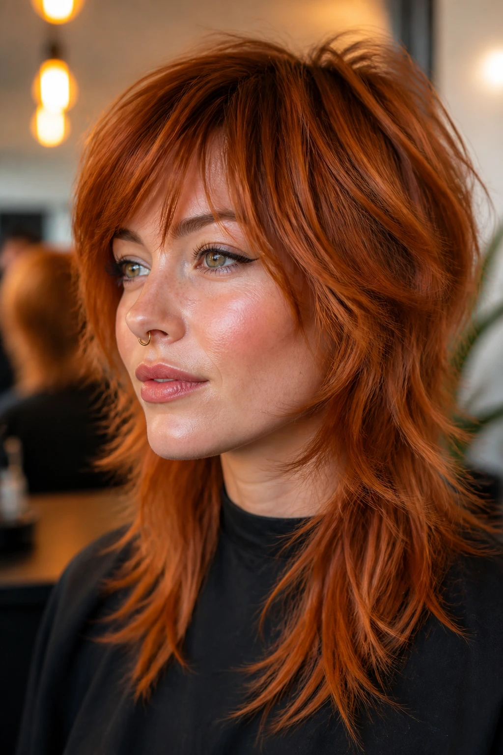 Portrait of a real person with copper wolf cut showing movement and lift.