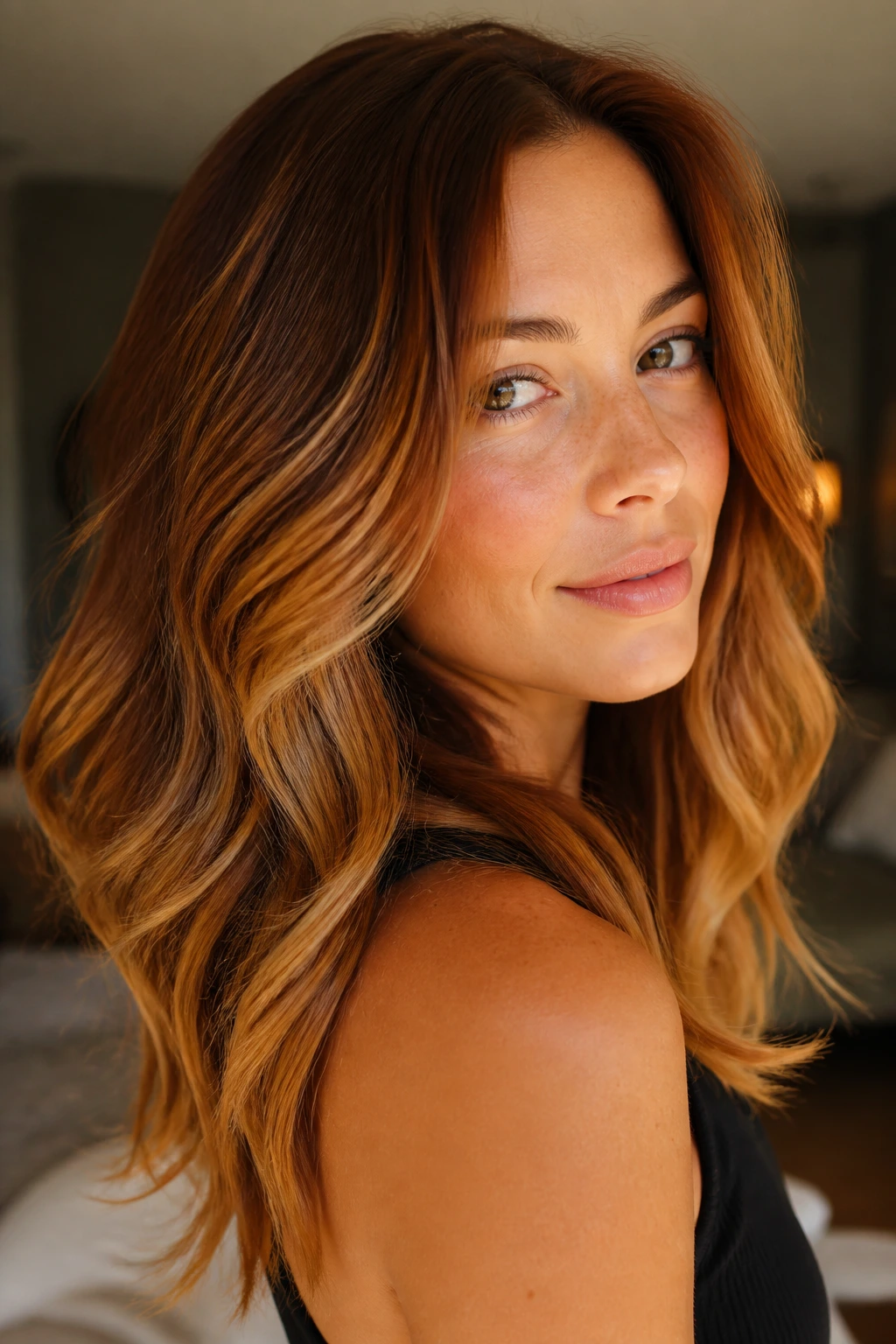 Portrait of a woman with coppery brown hair and honey caramel shine under warm light