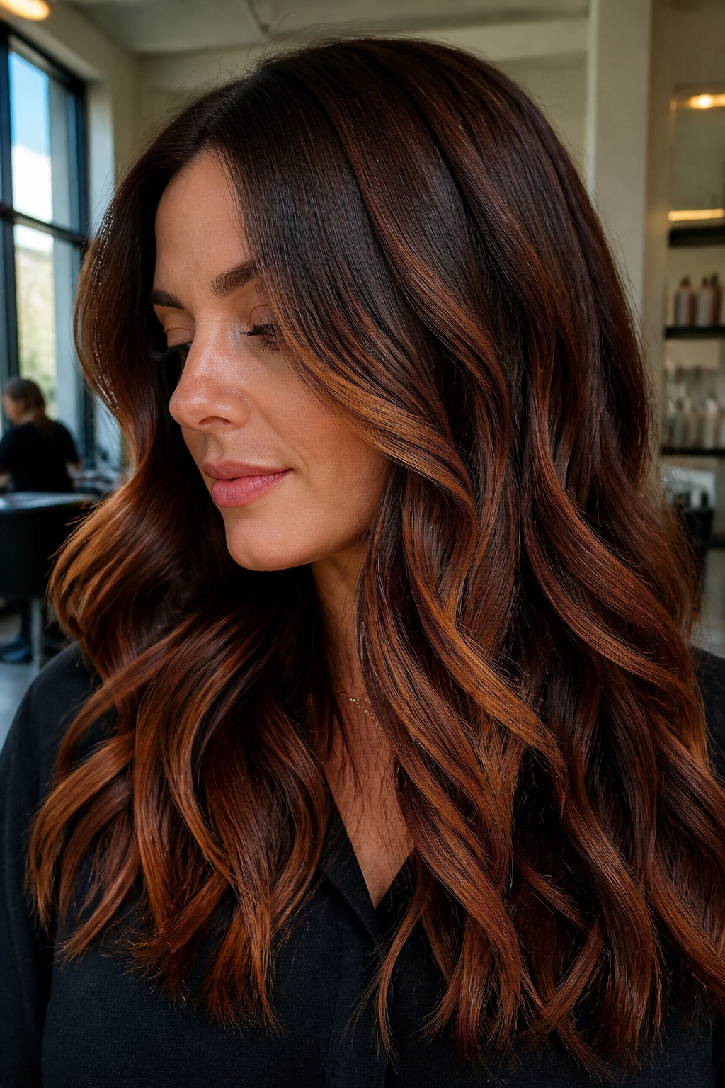 Close-up of brunette hair with coppery chestnut lift