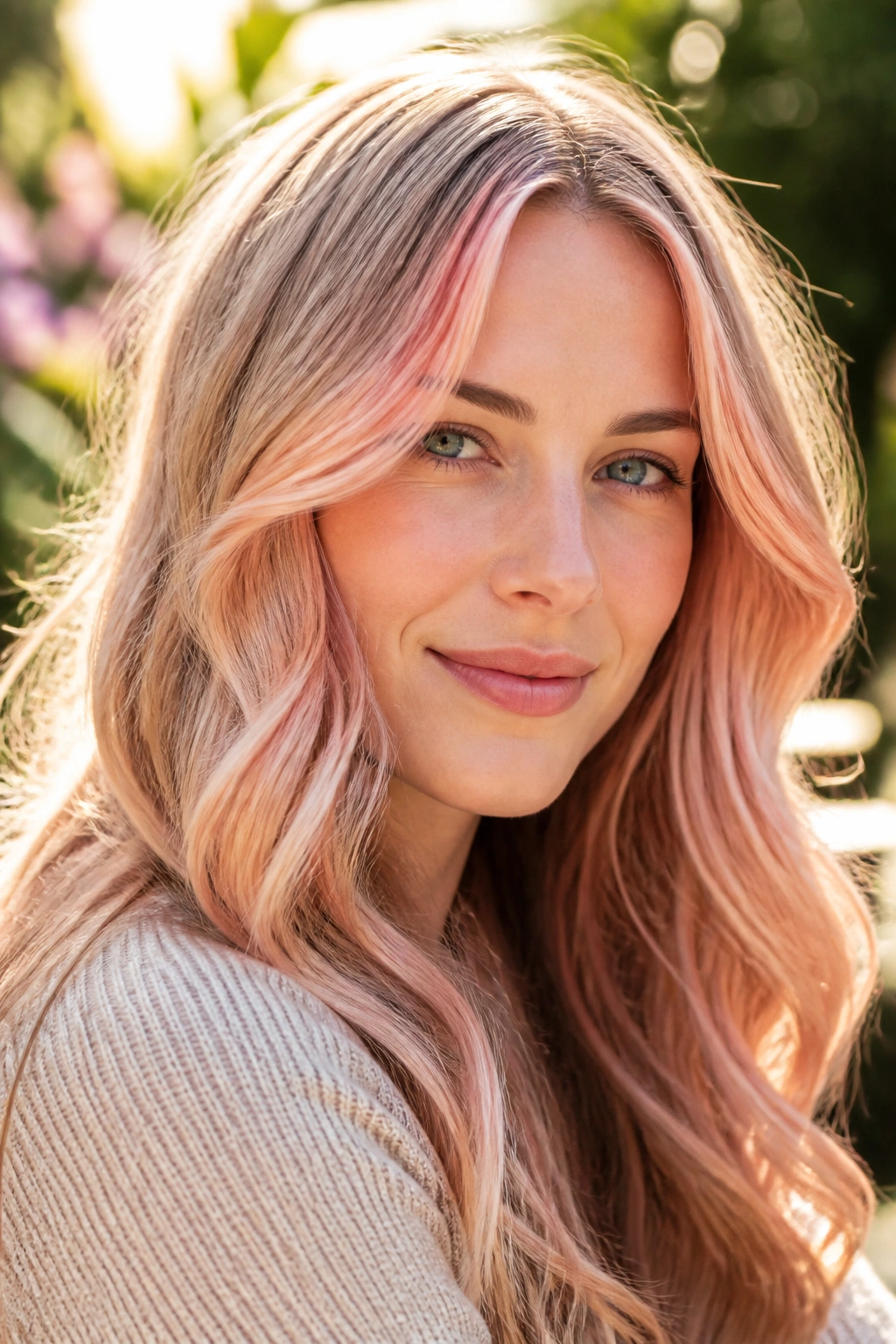 Close-up portrait of a woman with coral beige balayage hair in sunlight