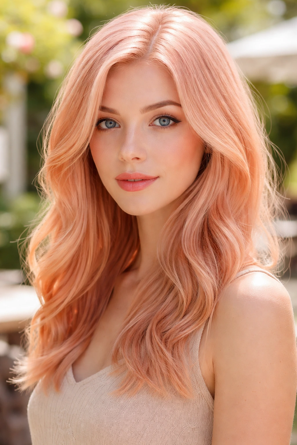 Close-up portrait of a person with cool-toned coral blonde hair in a sunny outdoor setting