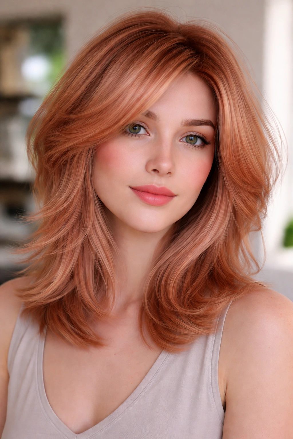 Close-up hair feature coral copper layers on fine hair