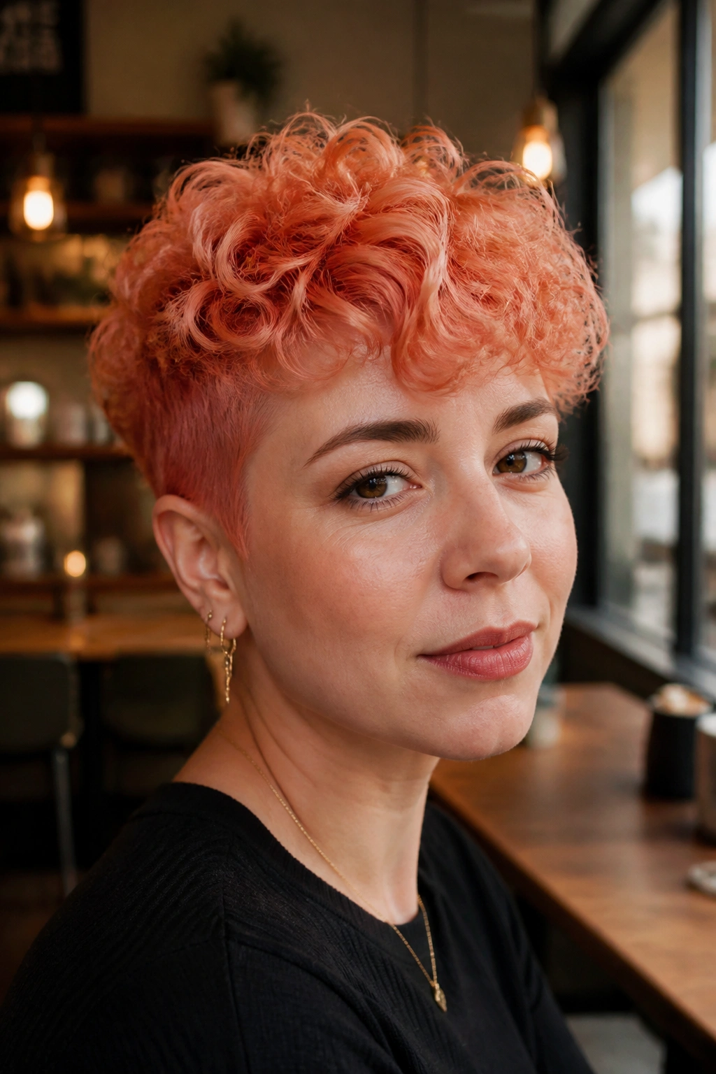 Close-up portrait of a real woman with coral peach ginger pixie curls.