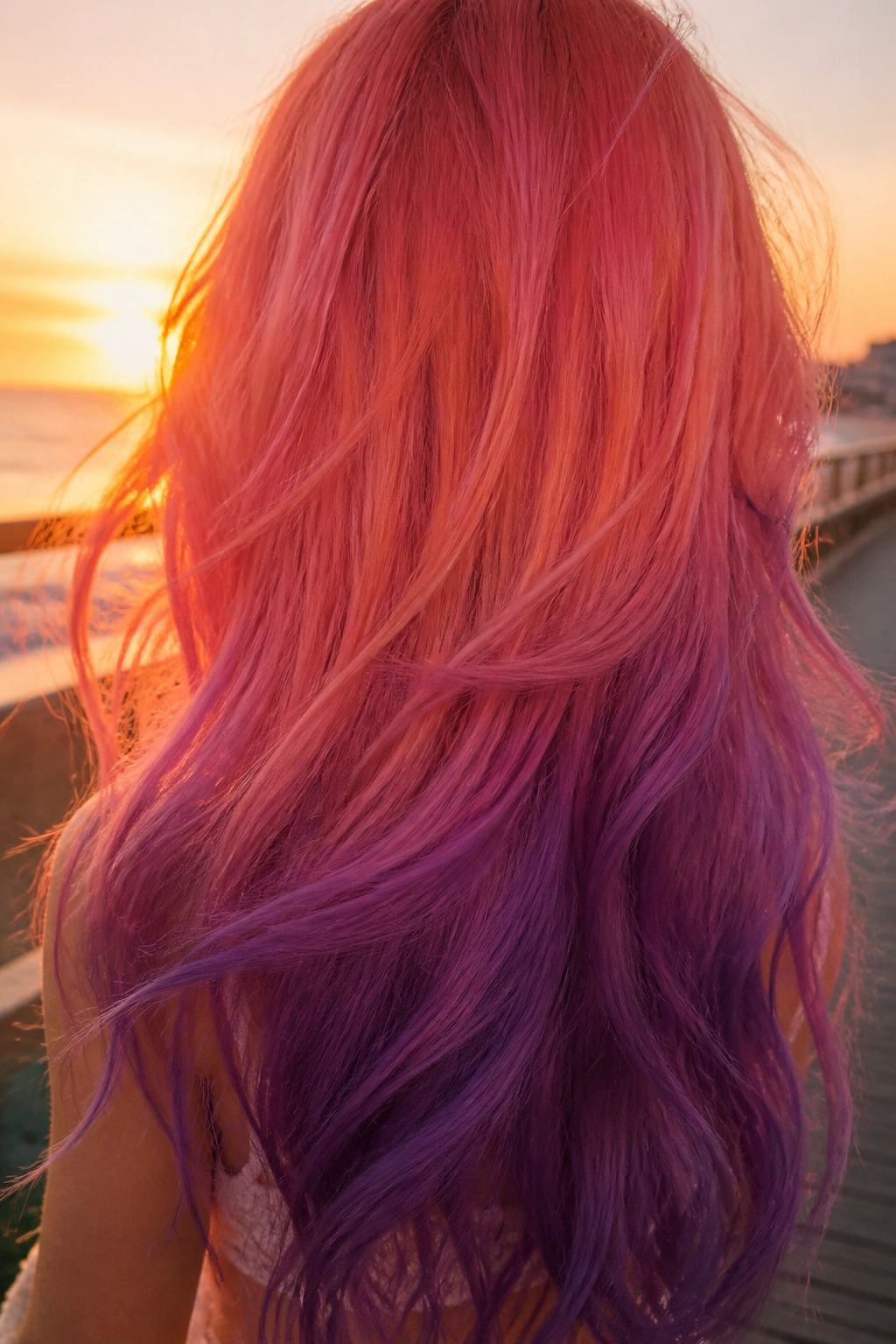 Close-up of coral pink to amethyst sunset ombre on long hair at golden hour by the seaside