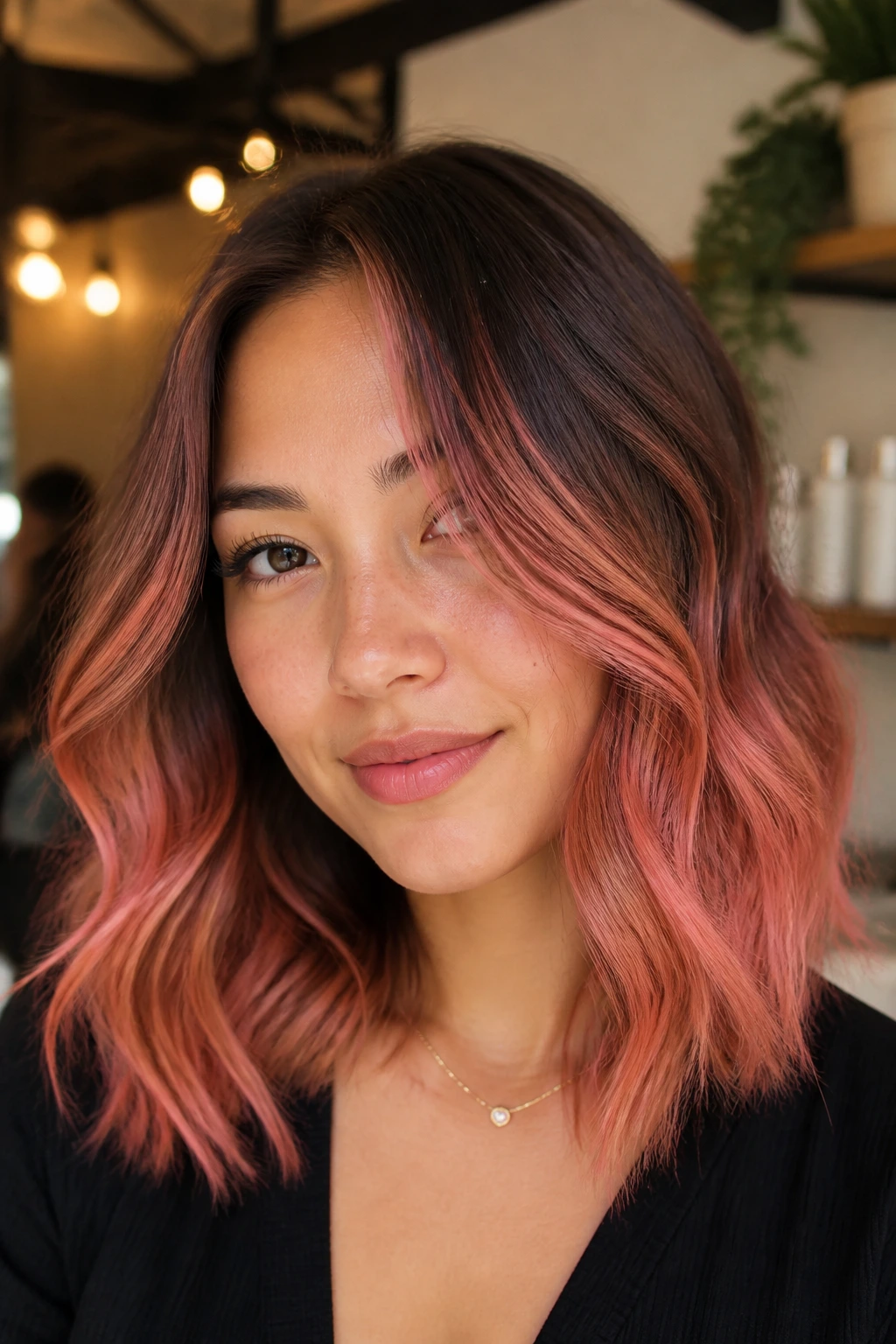 Close-up of a real woman with coral pink balayage on medium-length hair
