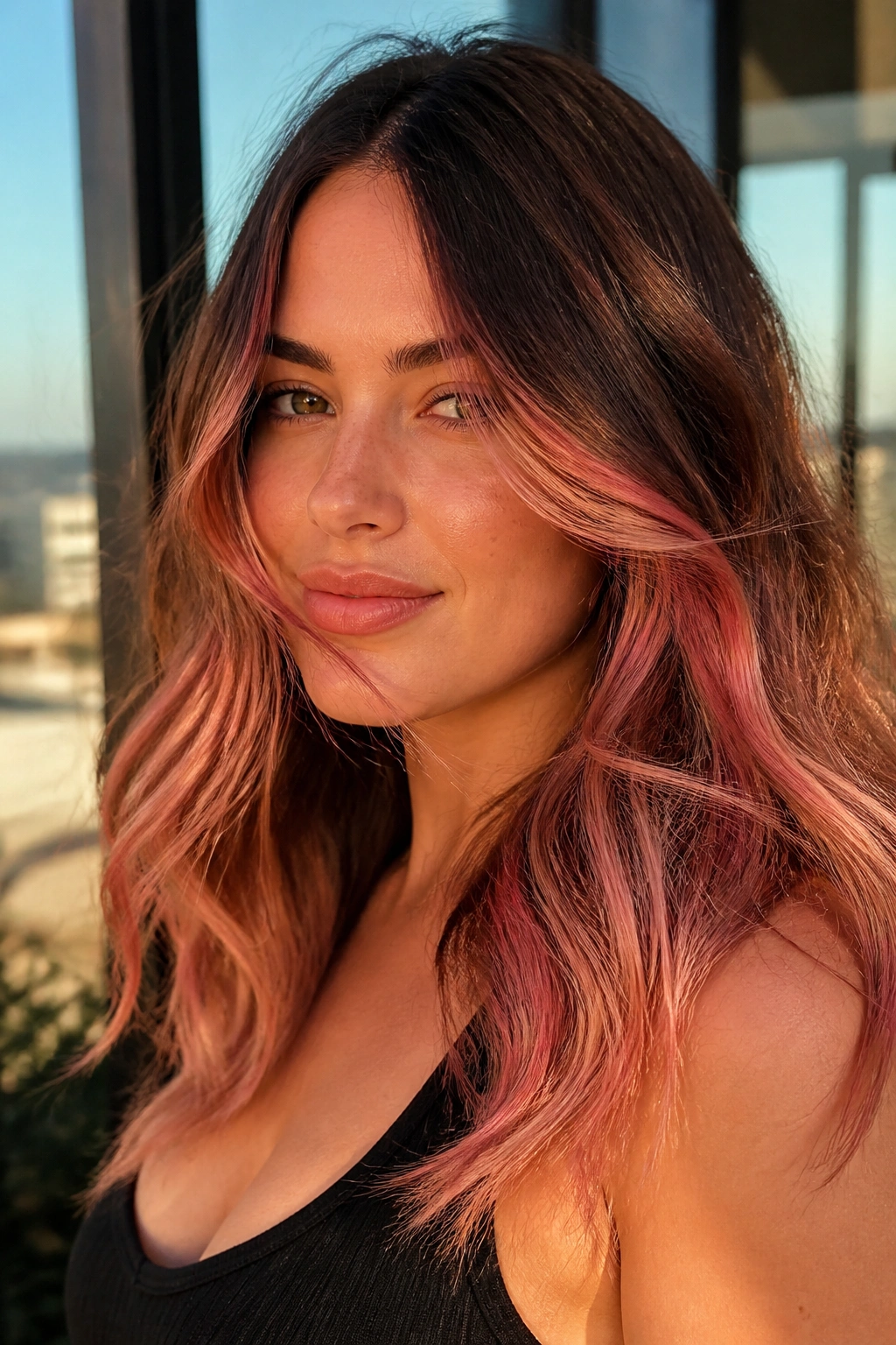 Close-up portrait of a real woman with coral pink sunlit sweep balayage on brown hair