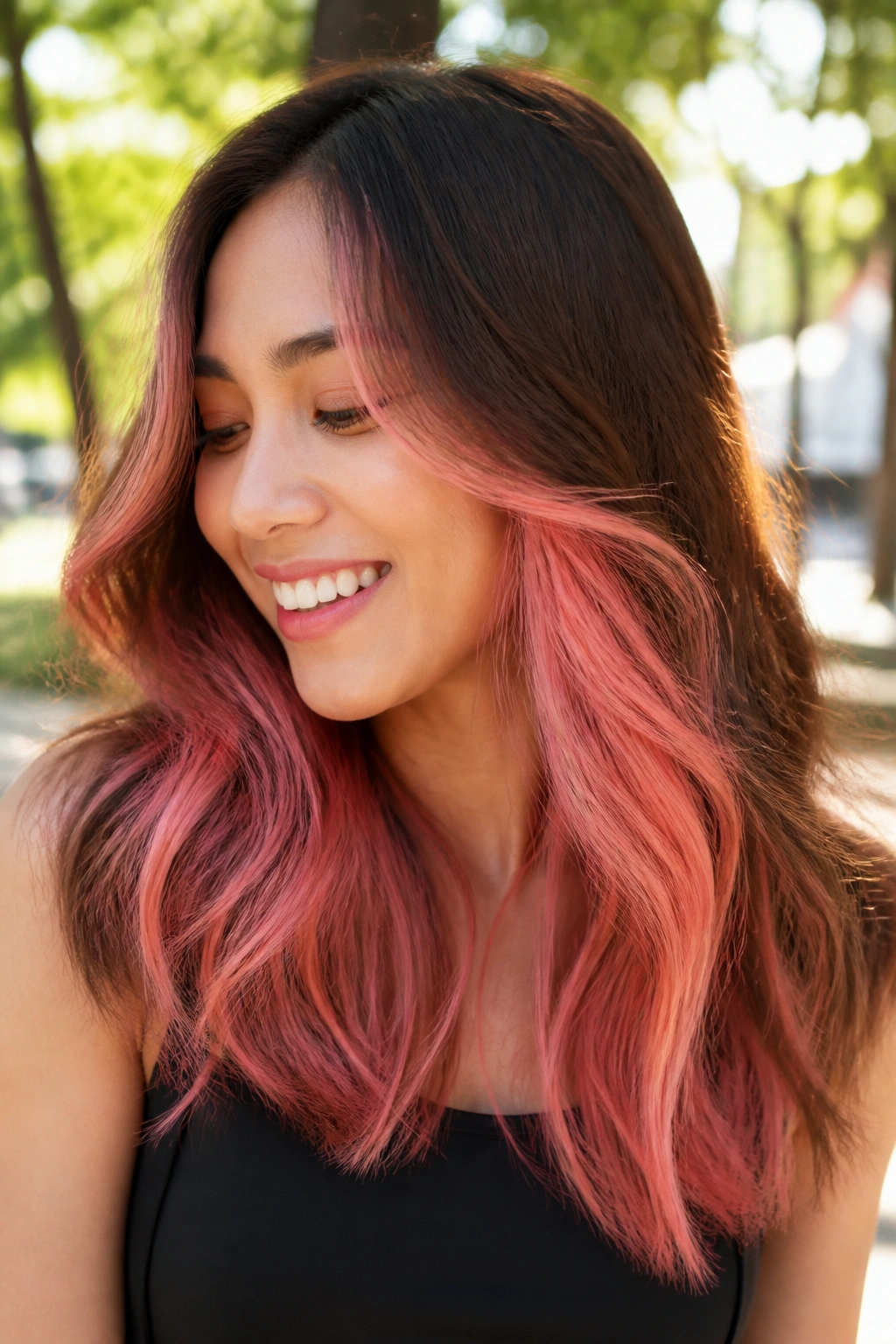 Brunette with coral pink mid-length panels