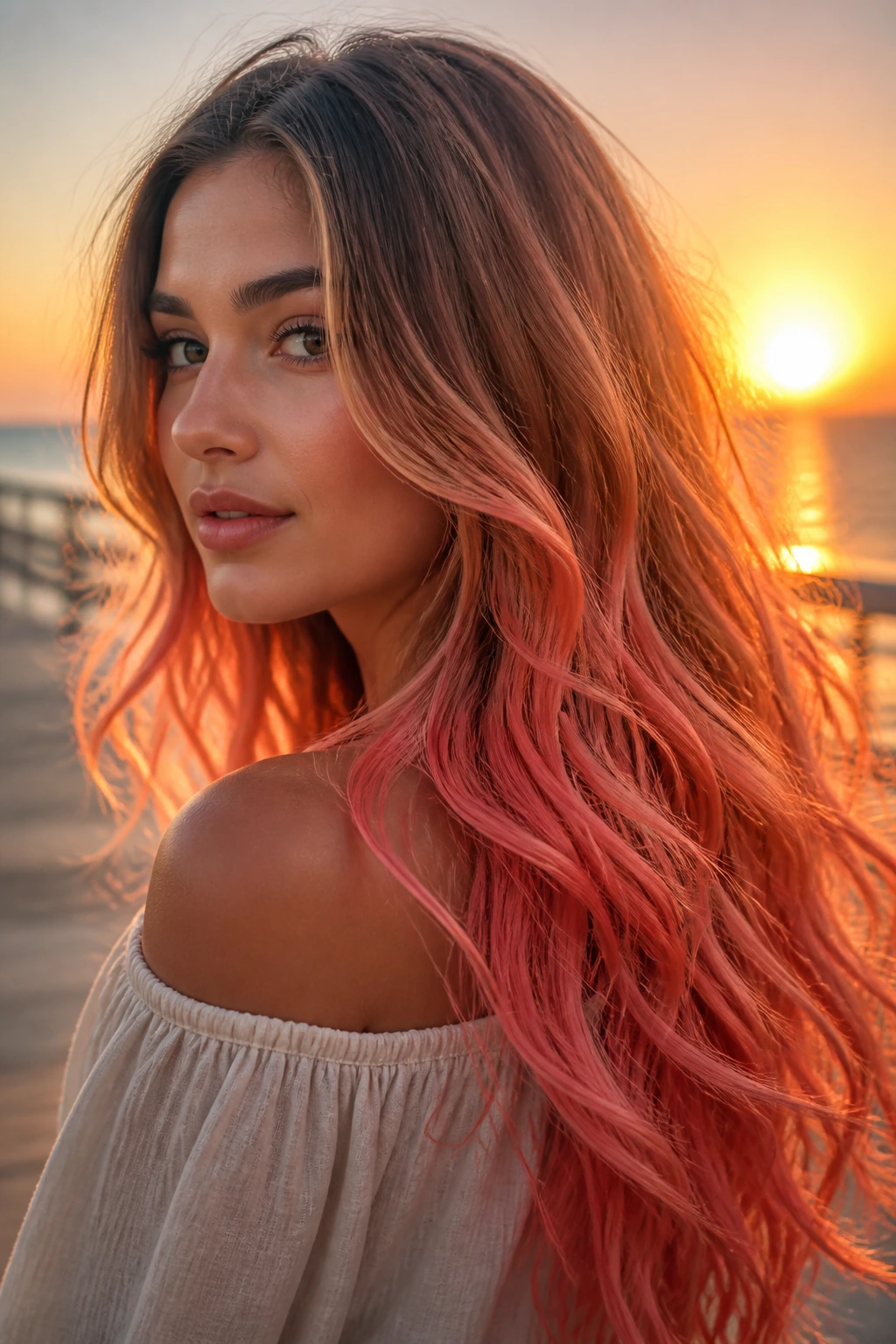 Portrait of a real woman with Coral Pink Sunset ombre, warm coral-pink gradient on long hair, sunlit background.