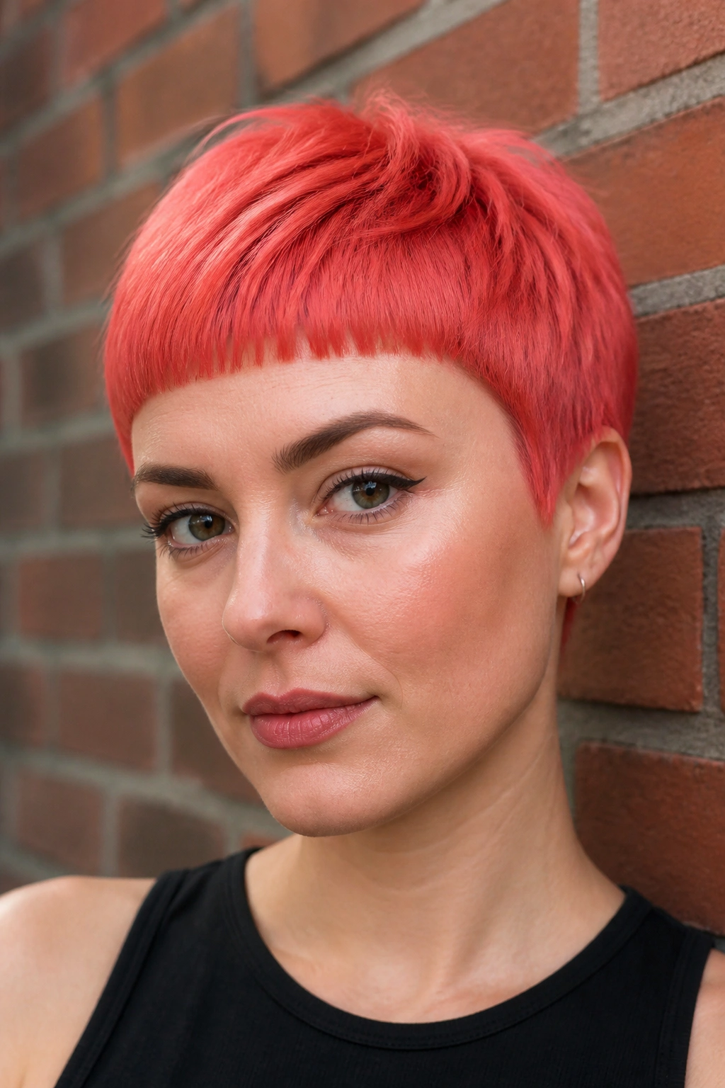 Close-up of a real woman with coral red crop and blunt micro bangs