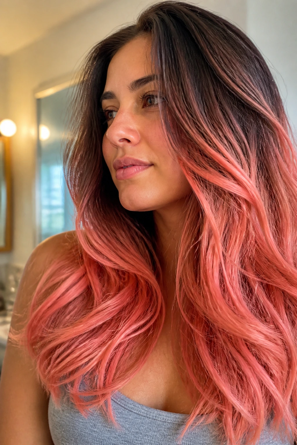 Close-up of real woman with coral rose gradient on thick hair.