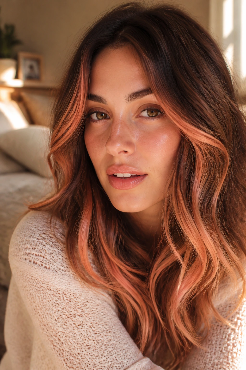 Close-up of brunette with coral sorbet ribbon lights woven into hair for a warm pastel look