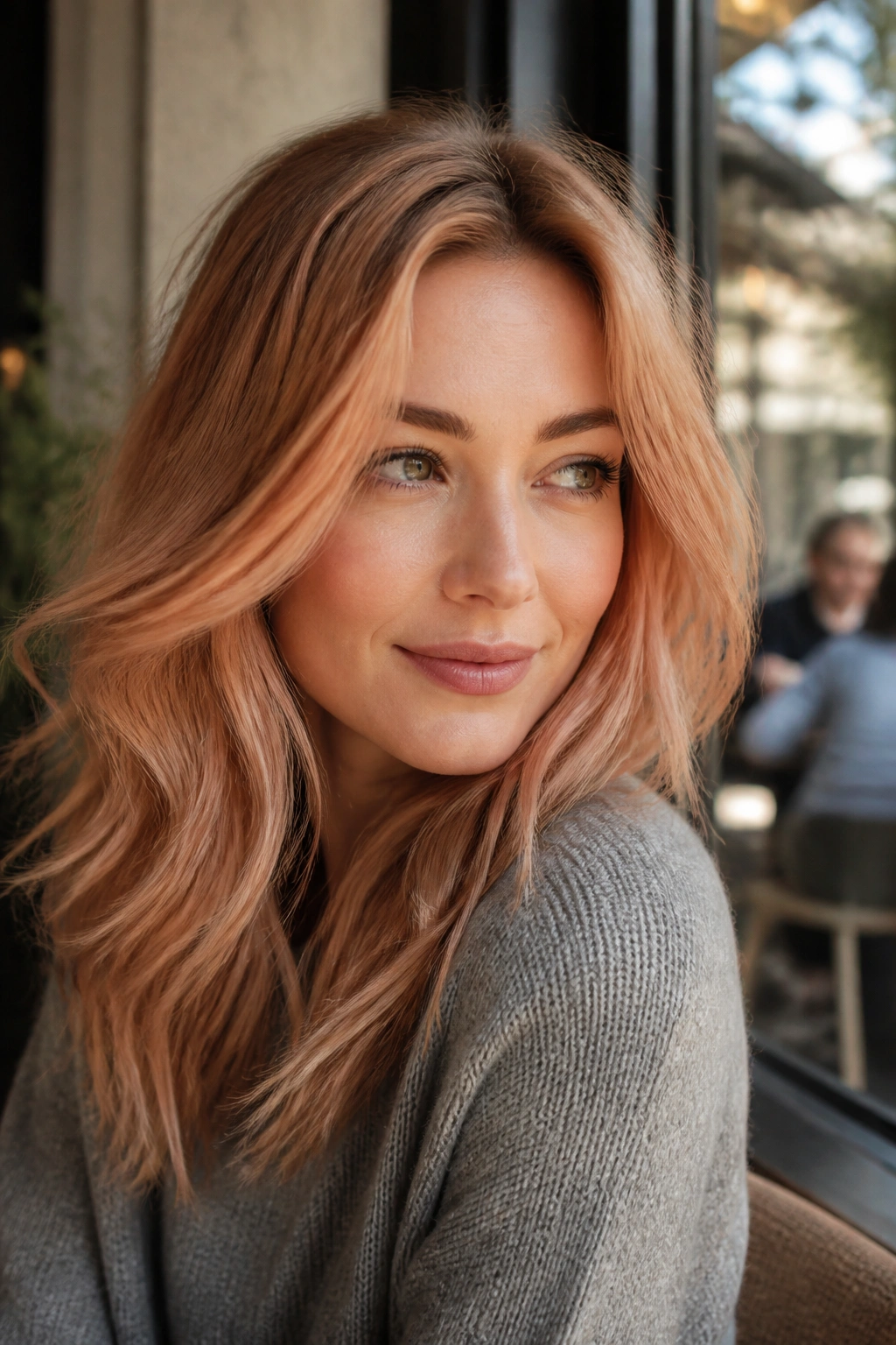 Close-up portrait of a real woman with Coral Tea Blonde hair in natural daylight