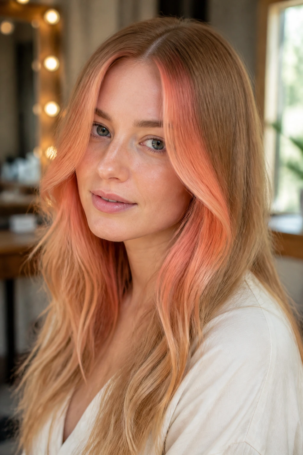 Close-up portrait of a real woman with coral veil around the face and strawberry-through-back long hair