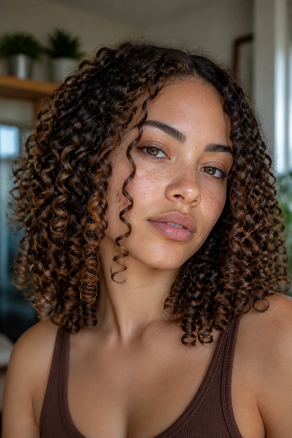 Real woman with corkscrew ringlets and narrow front pieces framing the face