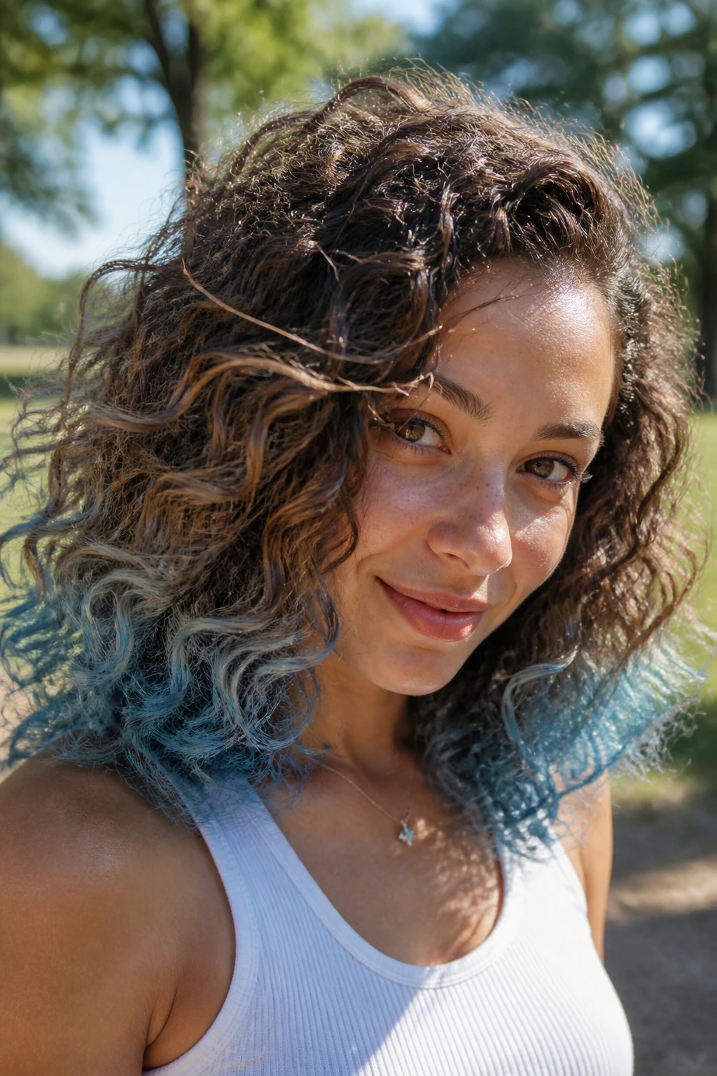 Caramel brown curls with cornflower blue tips