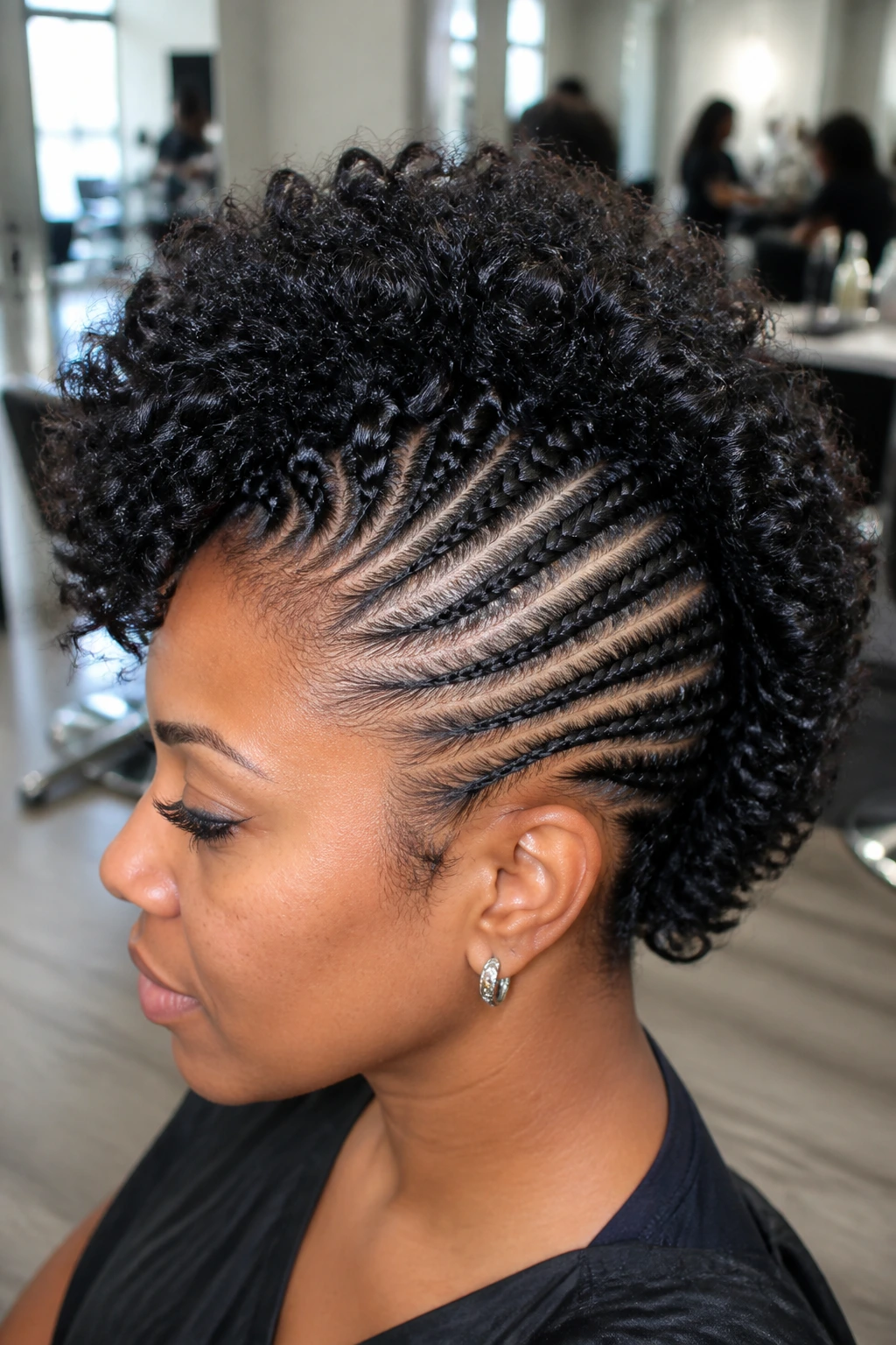 Real person with sleek cornrows and curly top mohawk in salon