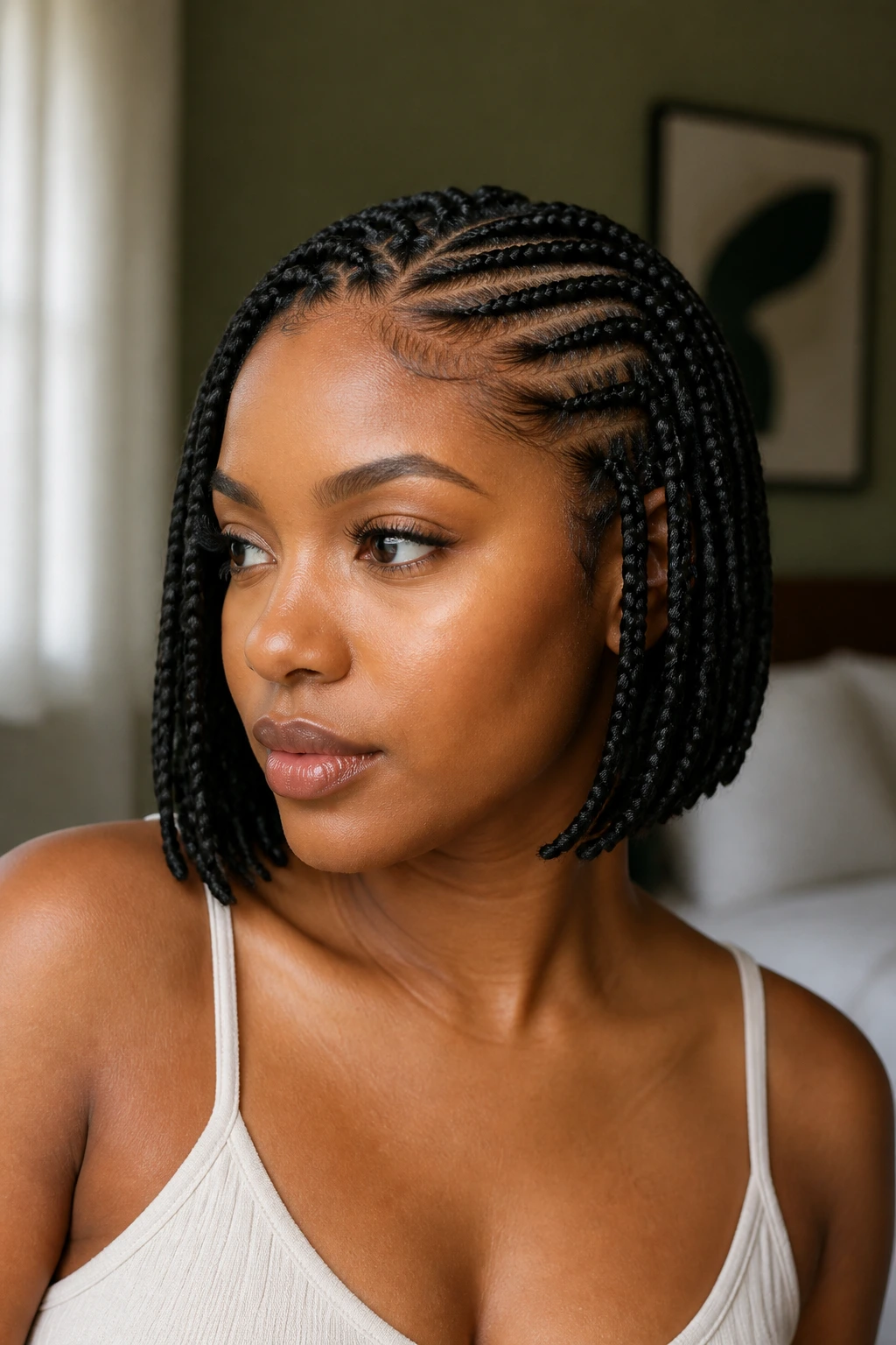 Close-up portrait of a woman with a cornrow bob framing the face.