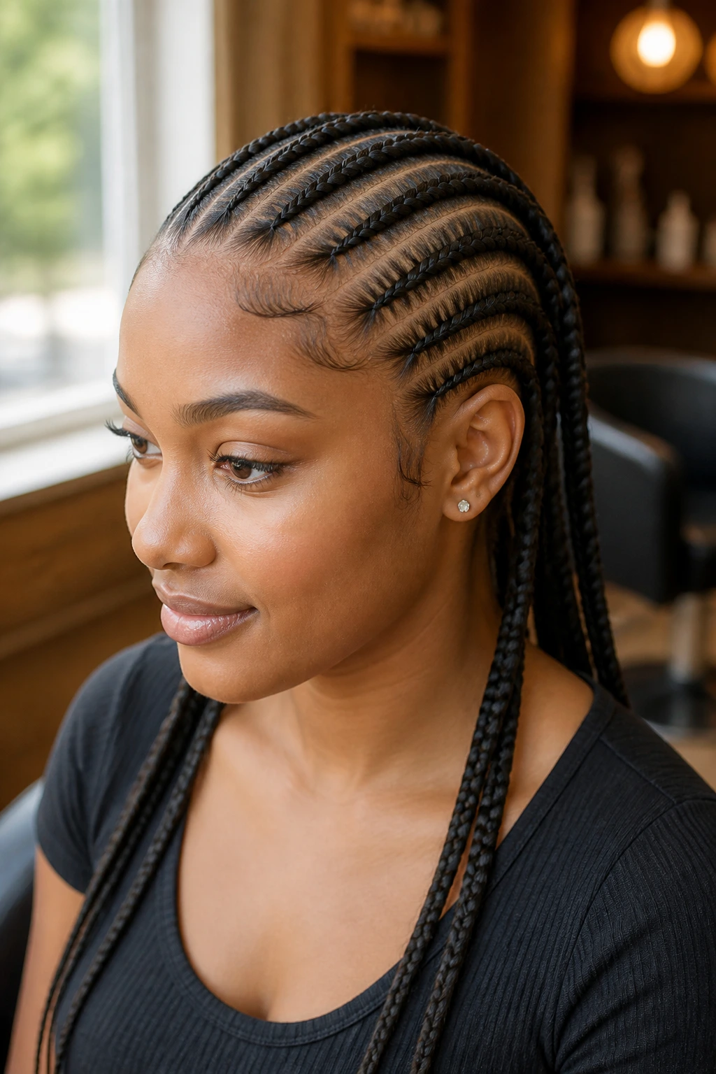 Close-up portrait of a woman with cornrow braids along the scalp in neat straight rows, in a softly lit salon.