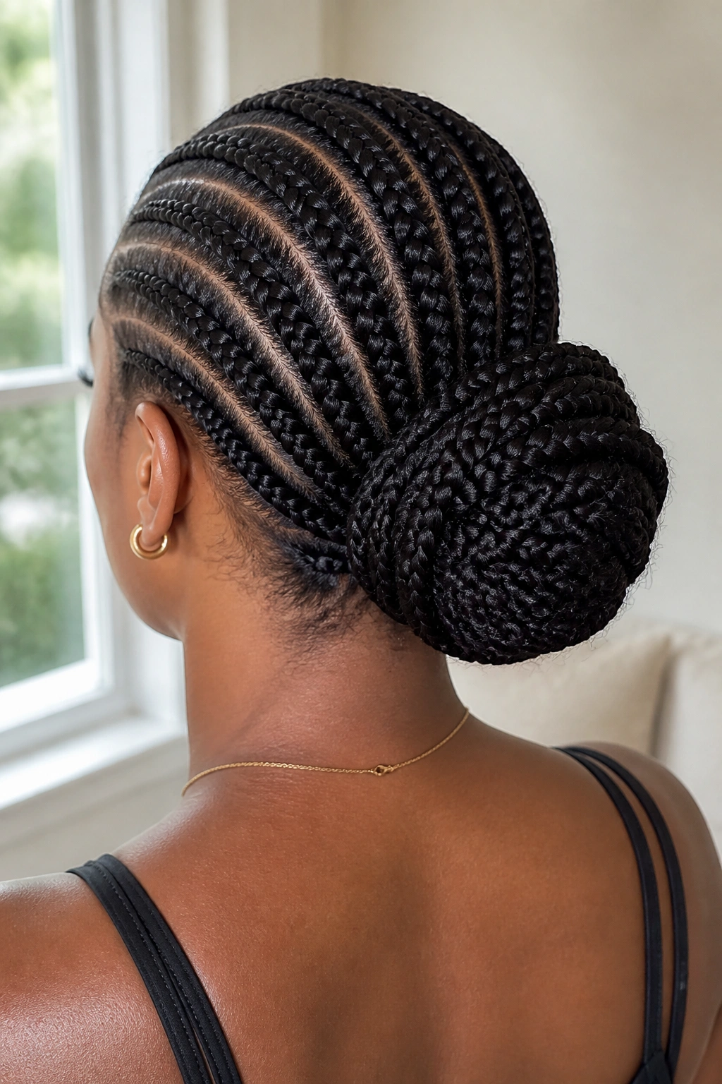 Back-of-head close-up of a real woman with cornrows into a bun