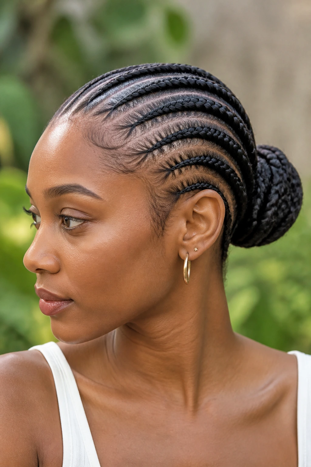 Close-up of a person with cornrows forming a bun at the back