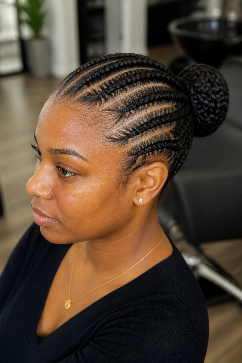 Close-up of a woman with cornrows into a bun at the back