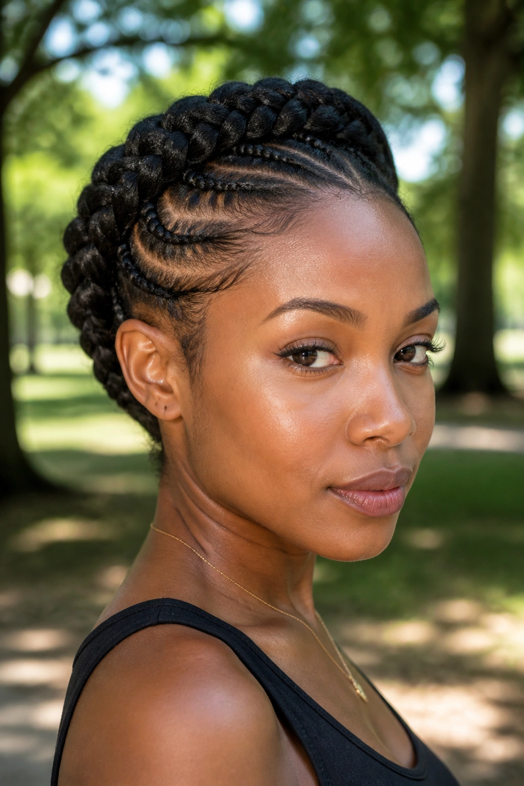 Close-up of a real person with a crown cornrow braid encircling the head