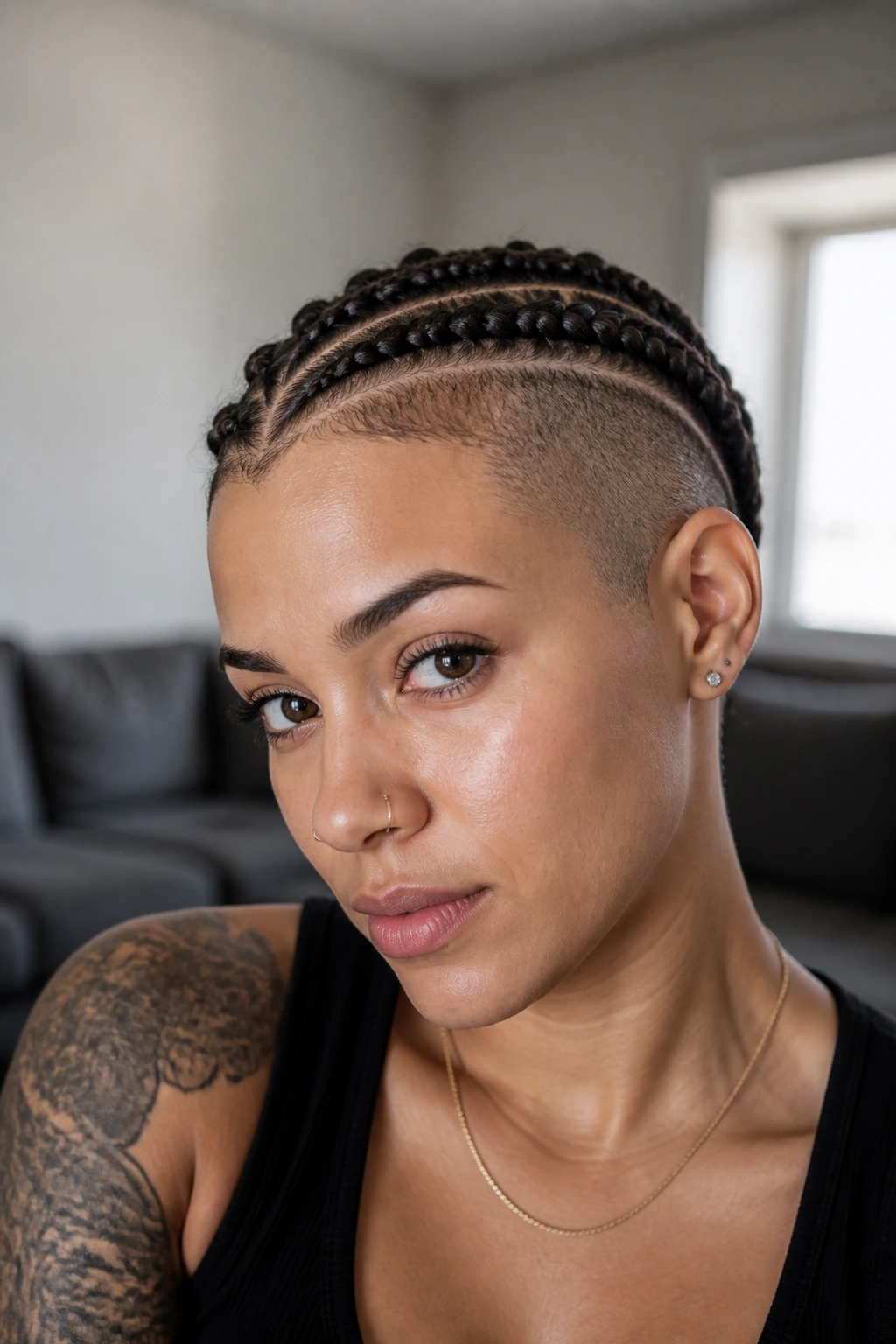 Real woman wearing cornrow crown with one shaved side in a close-up