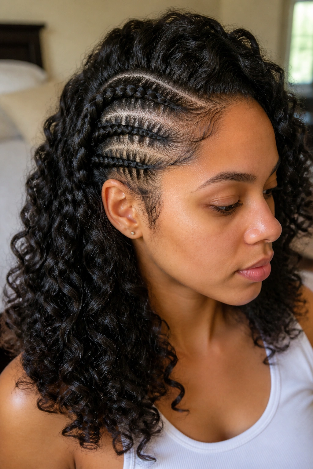 Close-up of a side cornrow feeding into curls hairstyle on a real person