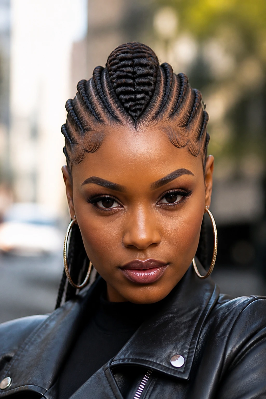 Close-up of a real Black woman with a center cornrow mohawk and braided sides in an urban setting.