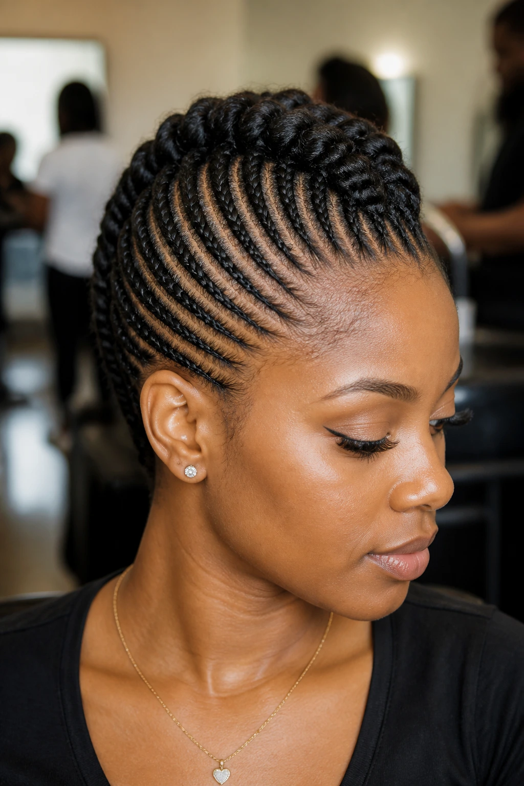 Close-up portrait of a person with classic cornrow Mohawk.