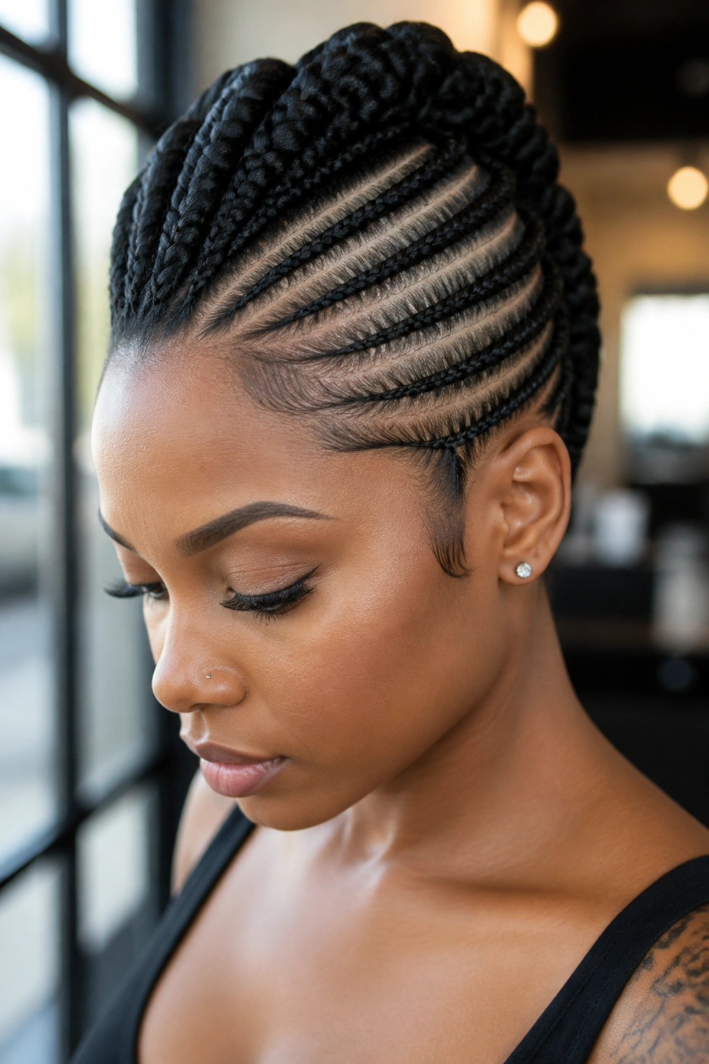 Close-up portrait of a real woman with a sleek cornrow mohawk