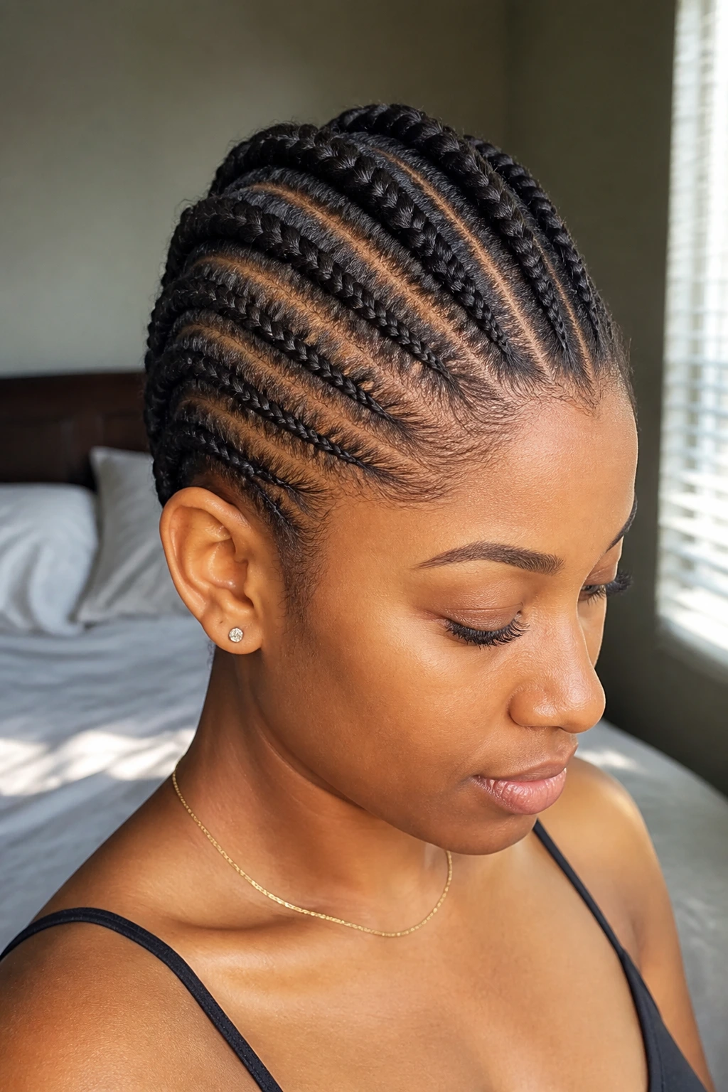 Close-up of a real person with a center cornrow mohawk in a sunlit room